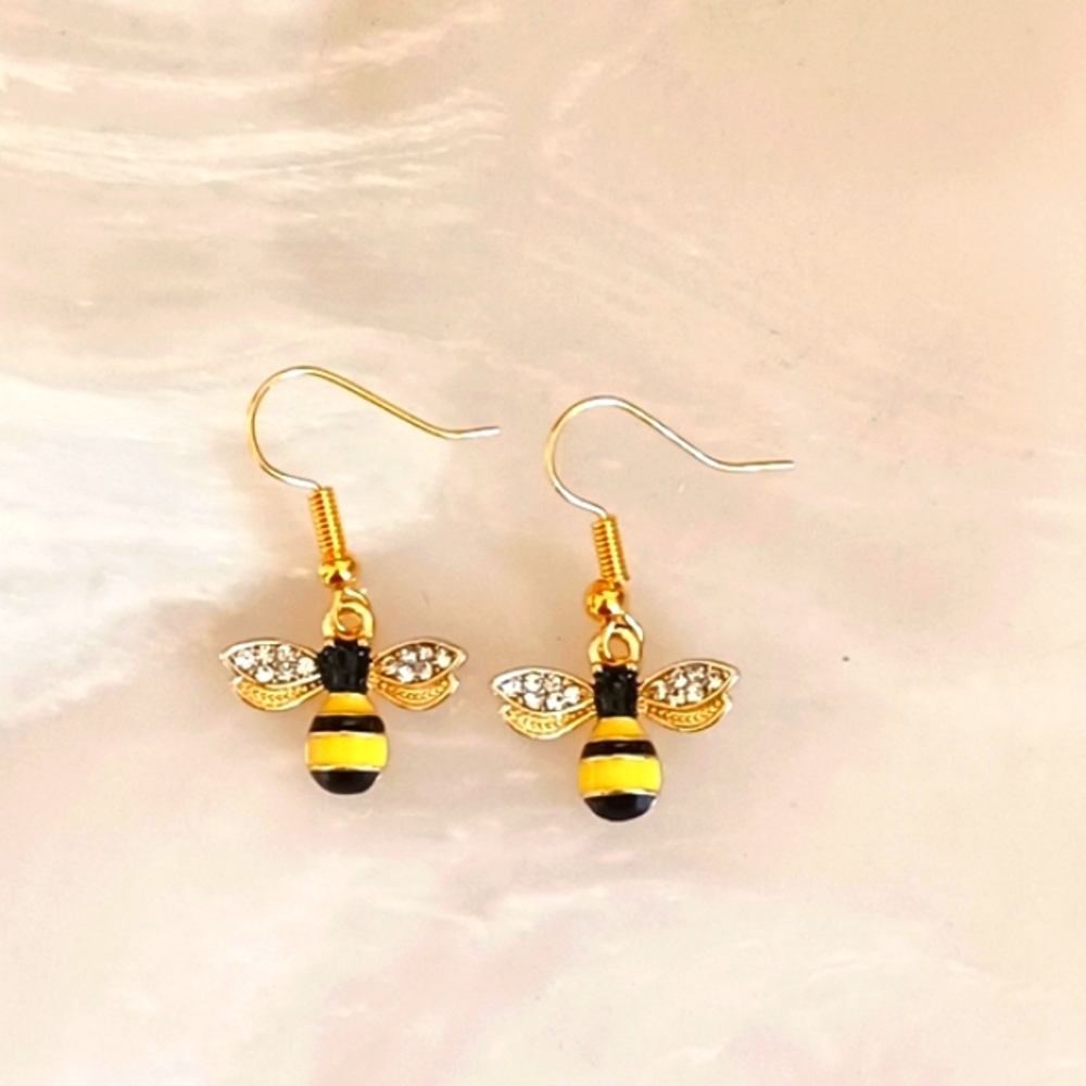 Cute Rhinestone Honeybee Oil Painted Handmade Earrings